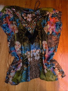 Tropical Floral Jeweled V-Neck Swim Coverup - Multicolor
